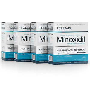 藍白色低酒精配方包裝的FOLIGAIN男用米諾地爾5%外用溶液盒。