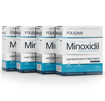 藍白色低酒精配方包裝的FOLIGAIN男用米諾地爾5%外用溶液盒。