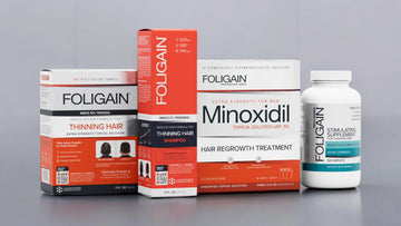 FOLIGAIN男用護髮套組，包含洗髮精、外用護理產品、米諾地爾與護髮營養補充品。