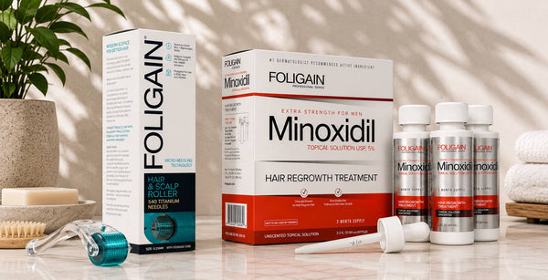 FOLIGAIN頭髮與頭皮滾輪，旁邊是含瓶裝產品、包裝盒與滴管的5%米諾地爾套組。