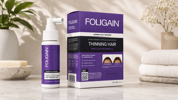 FOLIGAIN女用10% TRIOXIDIL外用護理產品瓶與包裝盒。