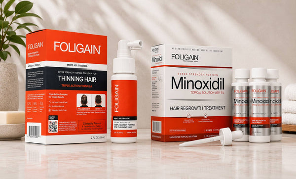 FOLIGAIN男用10% TRIOXIDIL外用護理產品，旁邊是5%米諾地爾套組。