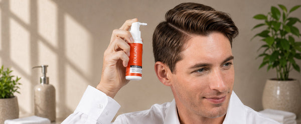一名男性在頭髮旁拿著FOLIGAIN TRIOXIDIL噴霧塗抹器。